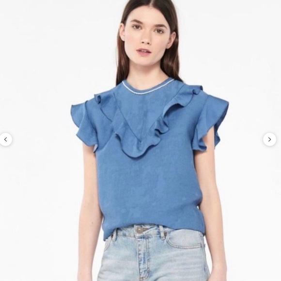 Sandro Textured Blue Embellished  Frill Top, Sz 2/M, EUC - Picture 1 of 6